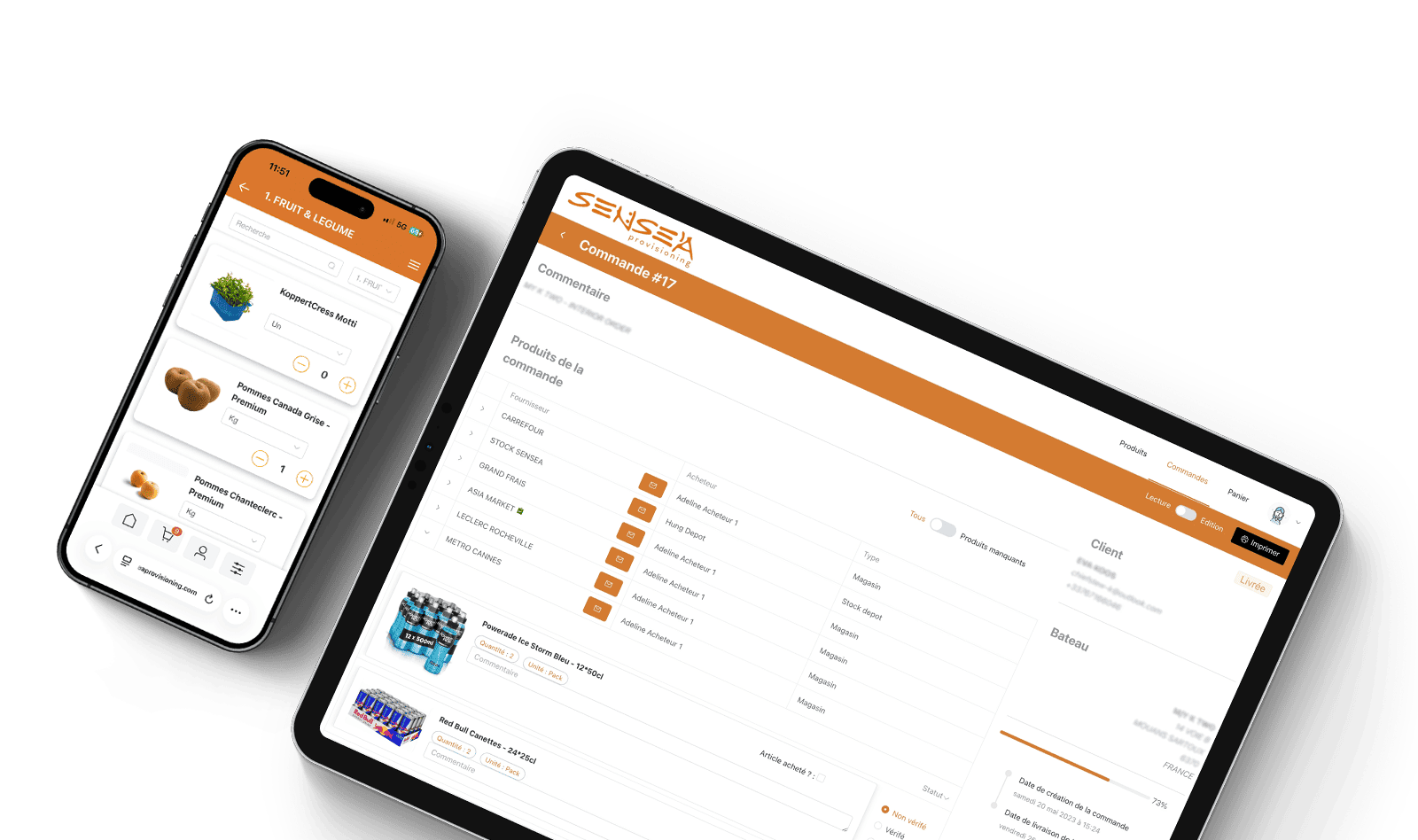 Ecrans catalogue et commande du logiciel métier pour Sensea Provisioning