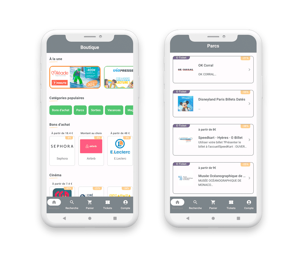 Ecrans boutique et parcs de l'application mobile d'une plateforme CE / CSE pour le Groupe BTF