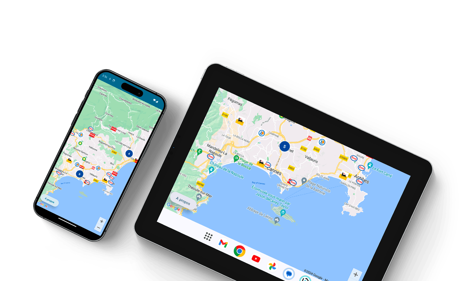 Ecrans de localisation des stations-service de l’application carte carburant pour le Groupe BTF