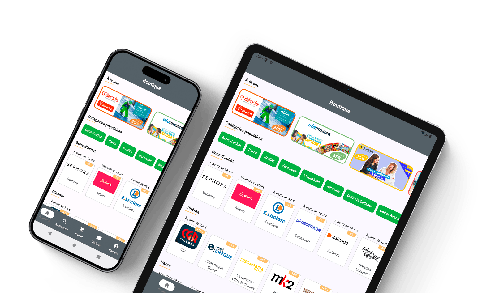 Ecrans boutique de l'application mobile d'une plateforme CE / CSE pour le Groupe BTF