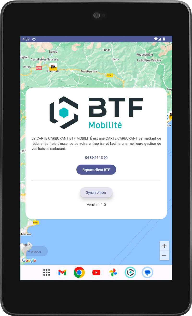 Ecran d'accueil de l’application carte carburant pour le Groupe BTF