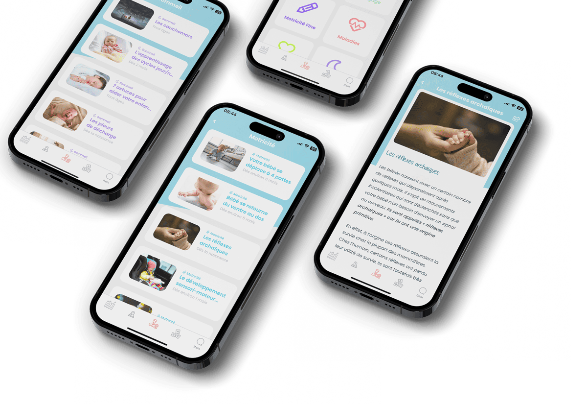 Ecrans d'articles de l'application mobile Grandir de suivi du développement de l'enfant