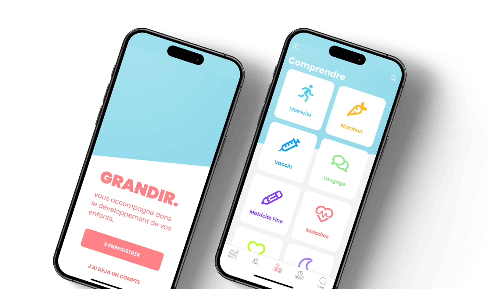 Ecrans d'accueil de l'application mobile Grandir de suivi du développement de l'enfant