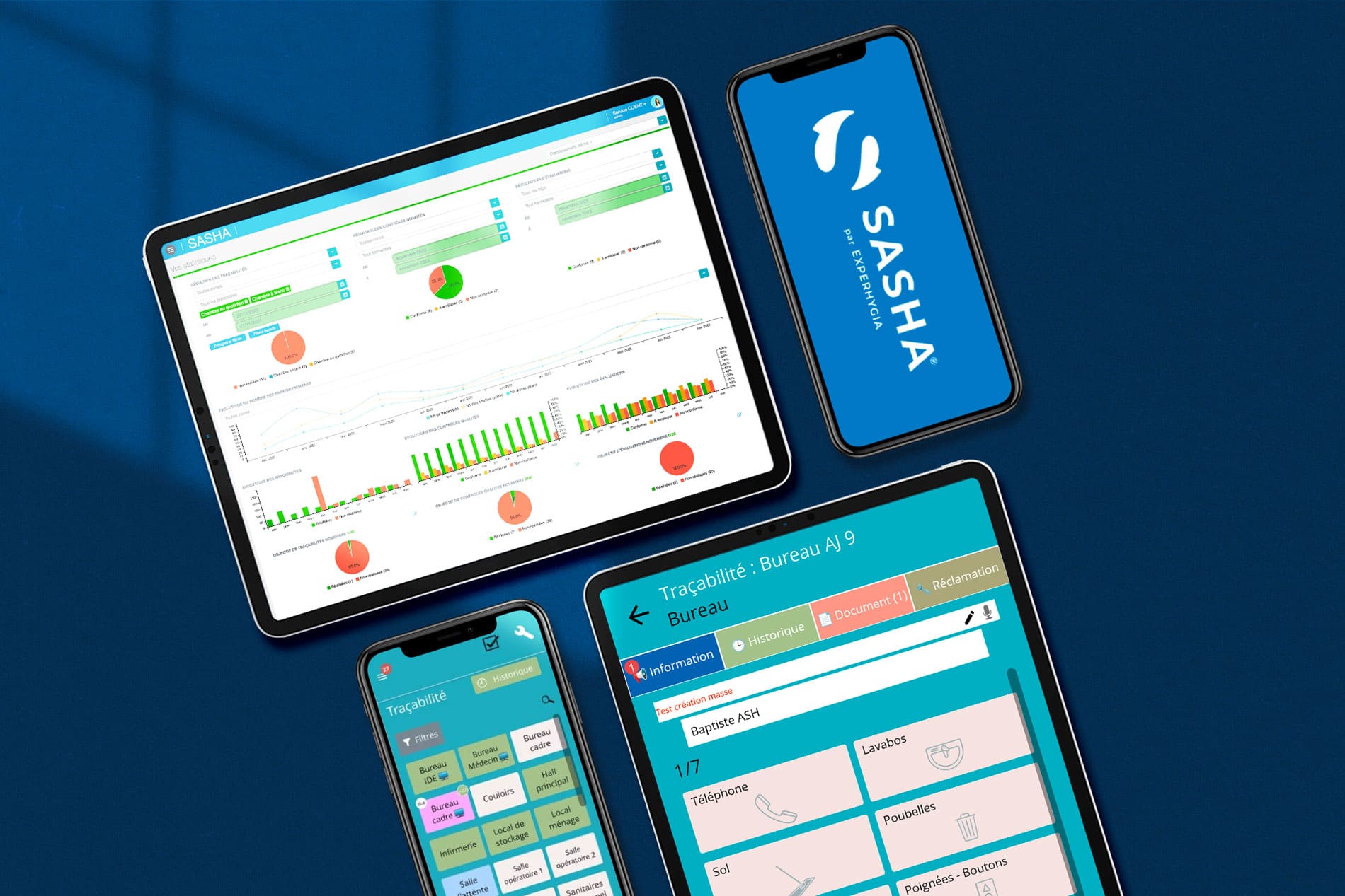 Écrans de l'application SaaS de nettoyage médical pour Experhygia