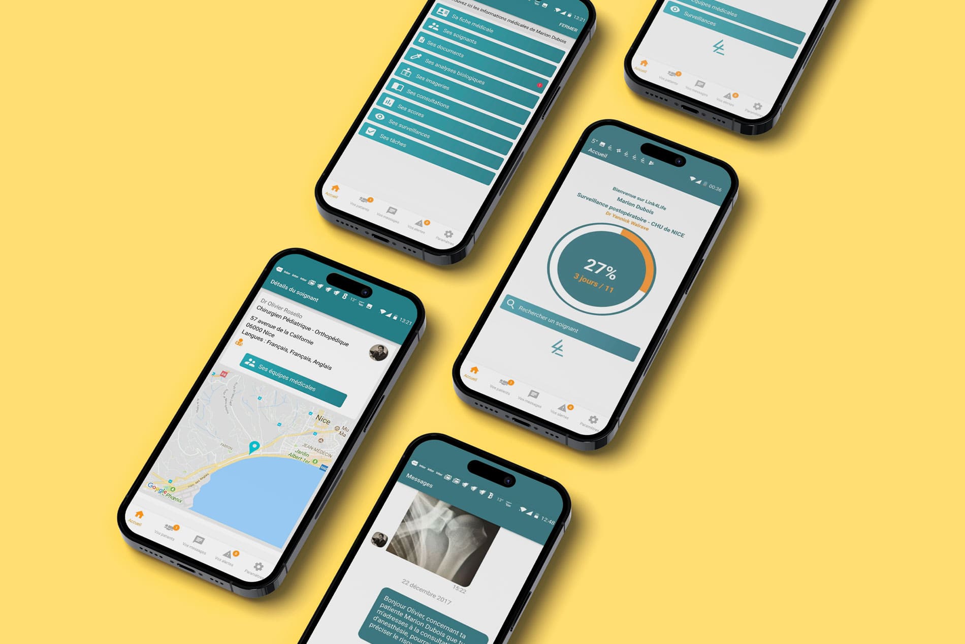 Ecrans de l'application mobile de suivi patient Link4Life