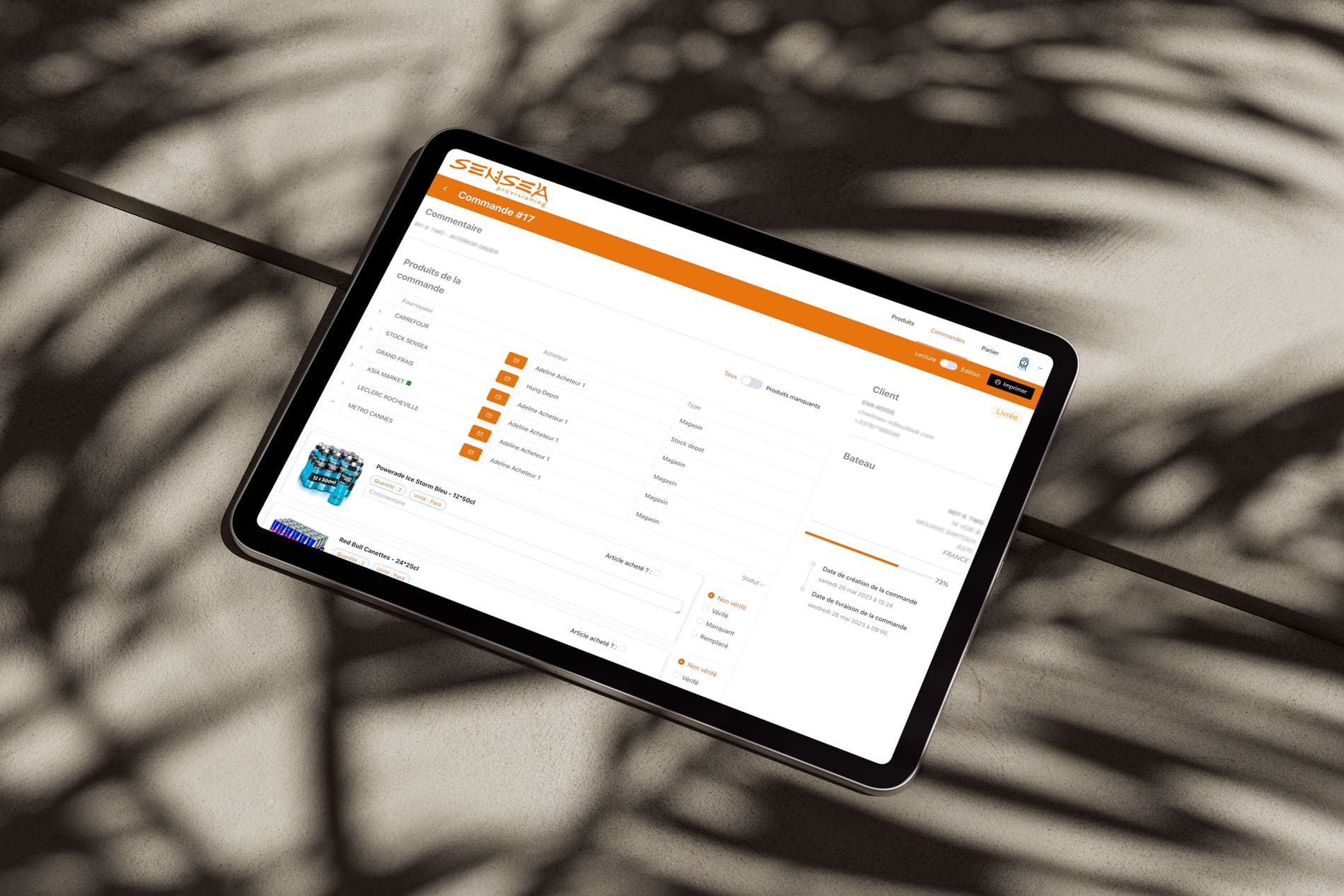 Ecran du logiciel métier d'achats, commandes et factures pour Sensea Provisioning