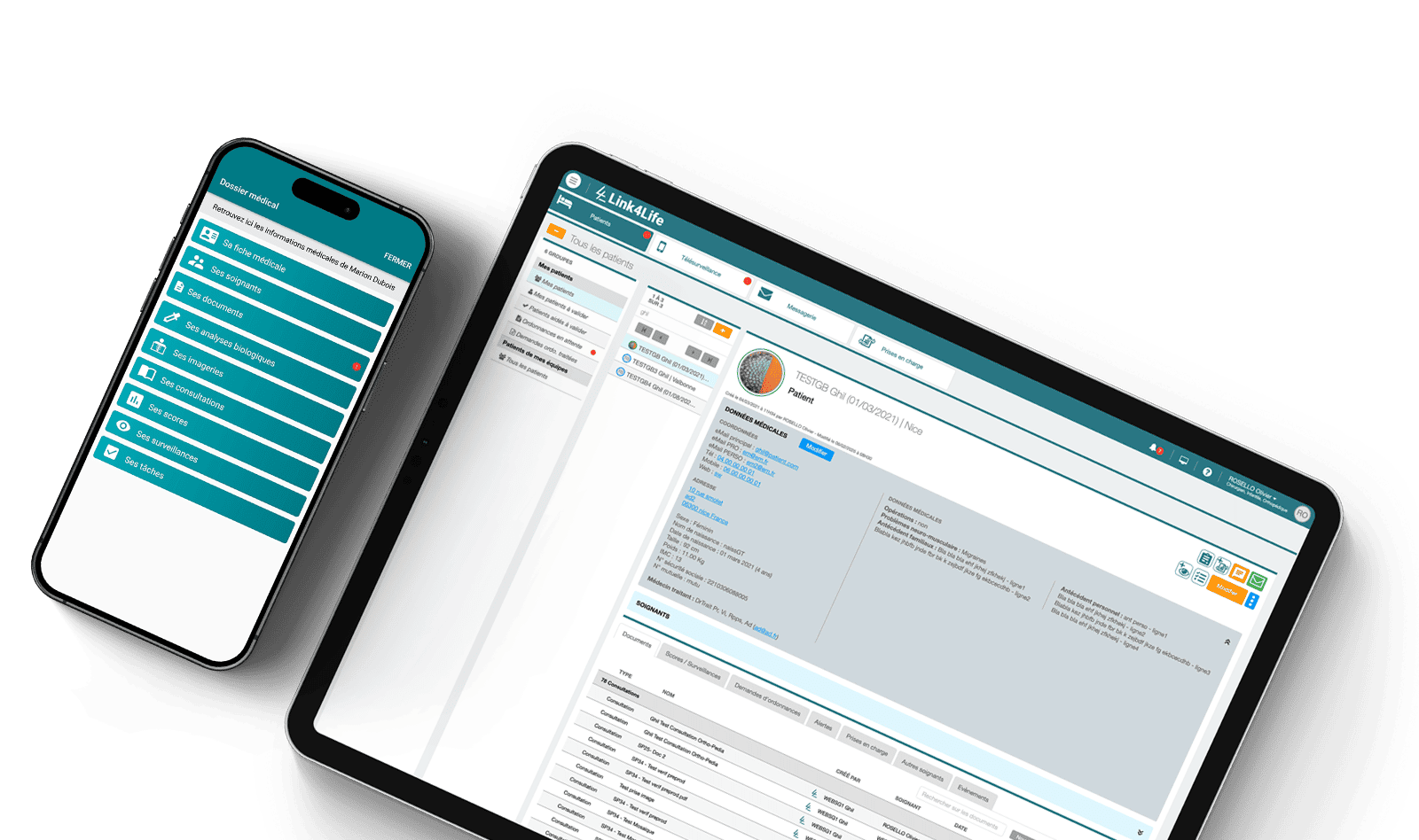 Ecrans dossier médical et fiche patient des applications web et mobiles Link4Life