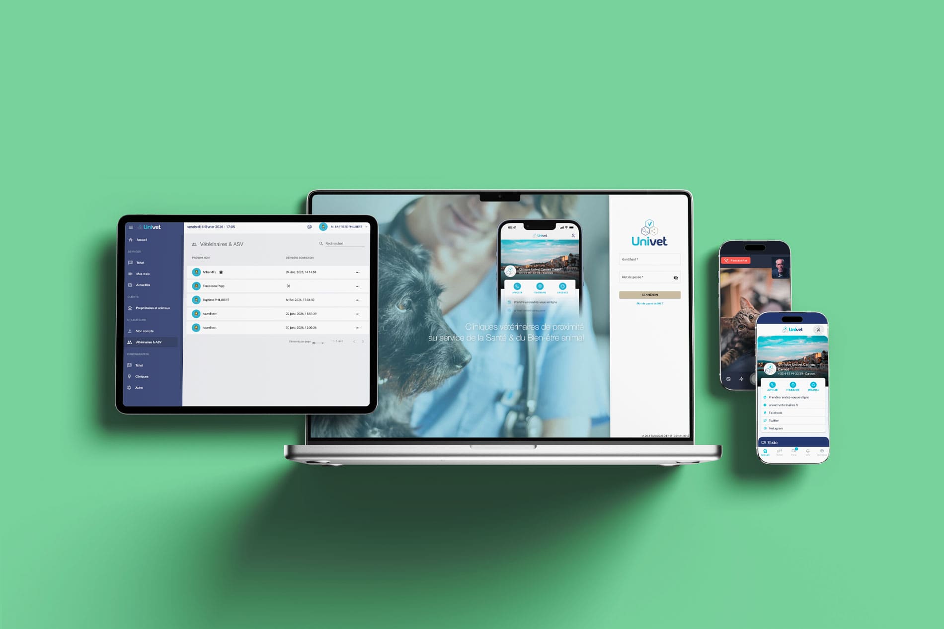 Ecrans des applications web et mobiles des cliniques vétérinaires Univet