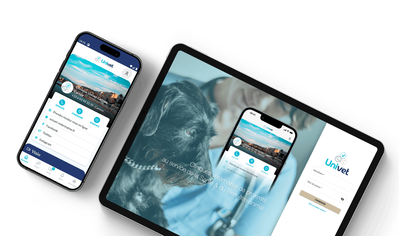 Ecrans d'accueil et de fiche clinique vétérinaire des applications Univet