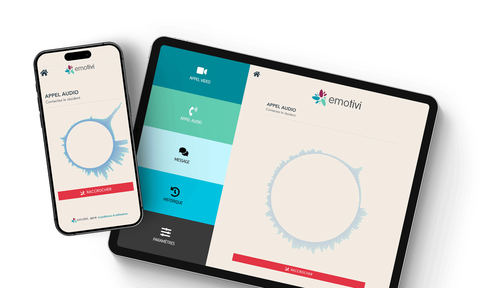 Ecrans appel audio de la solution Emotivi de visioconférence sur TV