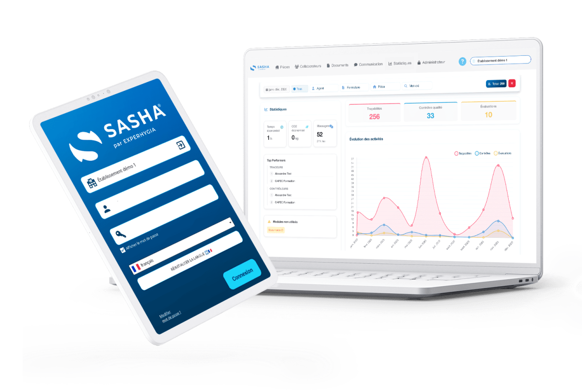 Écrans connexion et statistiques de l'application SaaS de nettoyage médical pour Experhygia