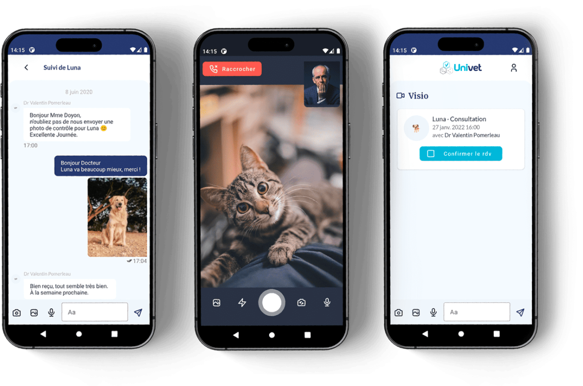 Ecrans de messagerie des applications mobiles des cliniques vétérinaires Univet