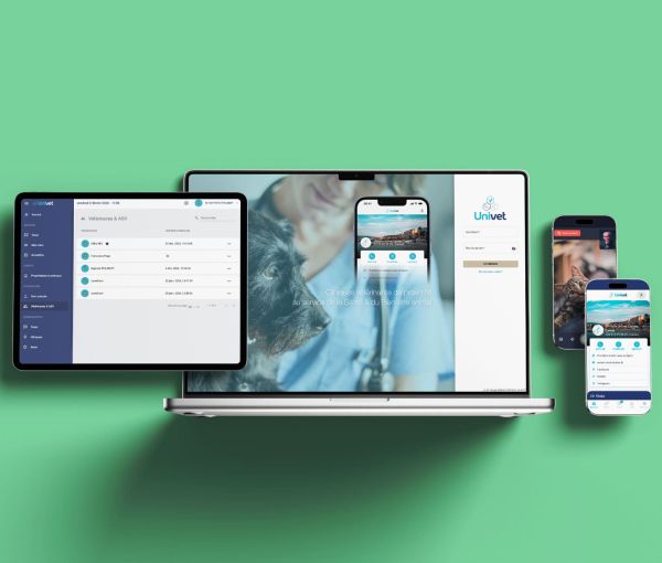 Ecrans des applications web et mobiles des cliniques vétérinaires Univet