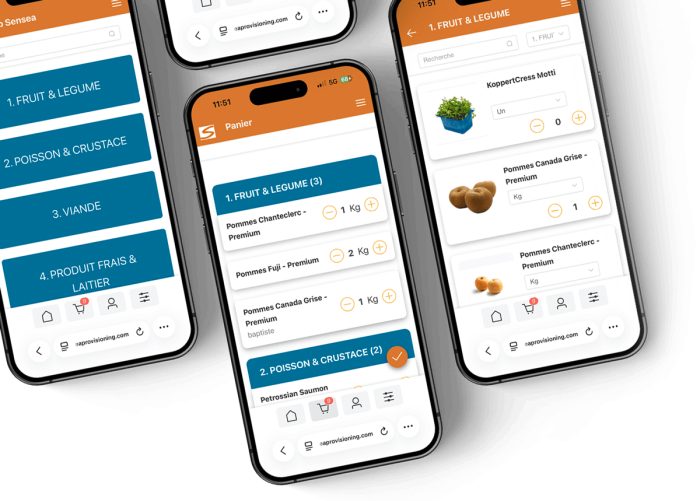 Ecrans catalogue et panier du logiciel métier pour Sensea Provisioning