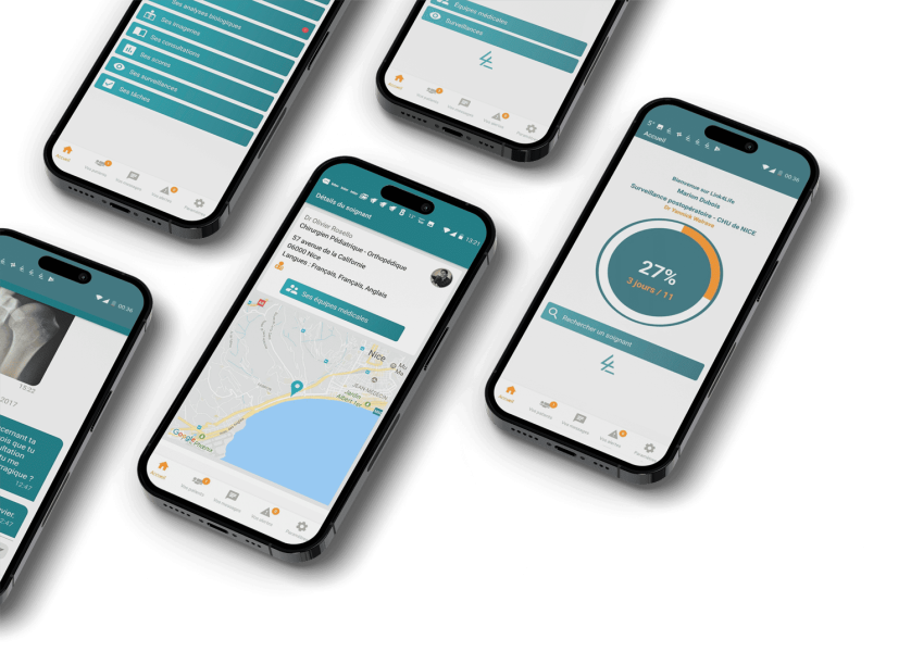 Ecrans fiche soignant et accueil patient de l'application mobile Link4Life