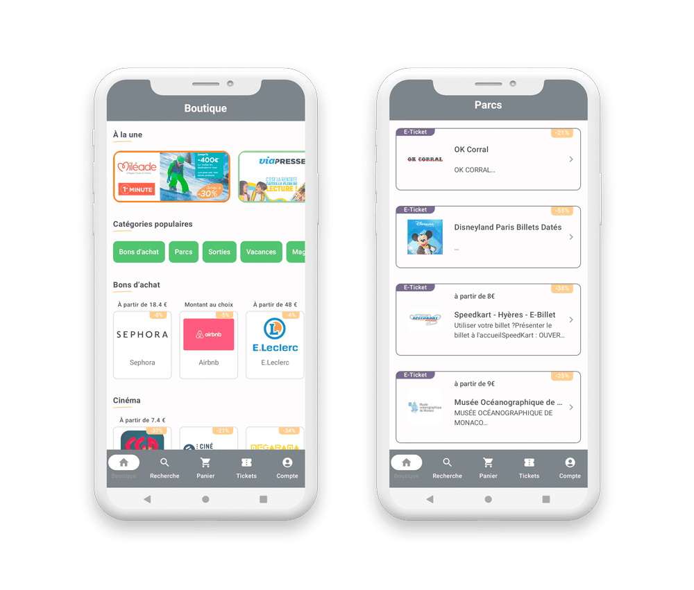 Ecrans boutique et parcs de l'application mobile d'une plateforme CE / CSE pour le Groupe BTF