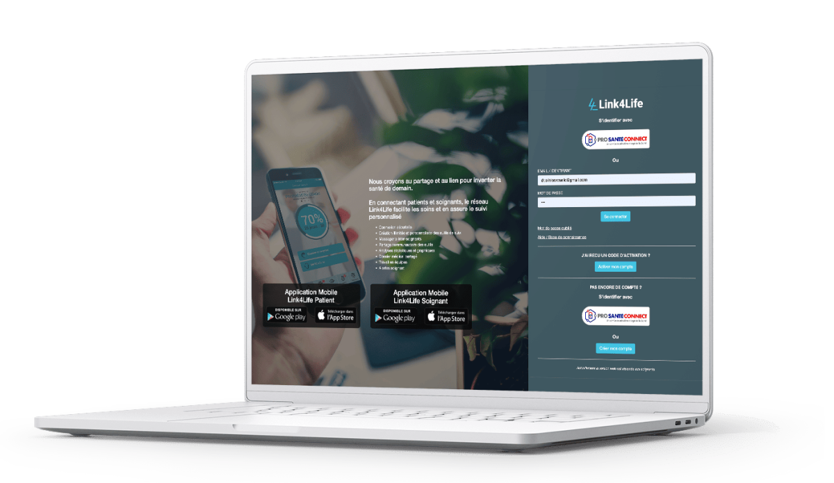 Ecran connexion de l'application web de suivi patient Link4Life
