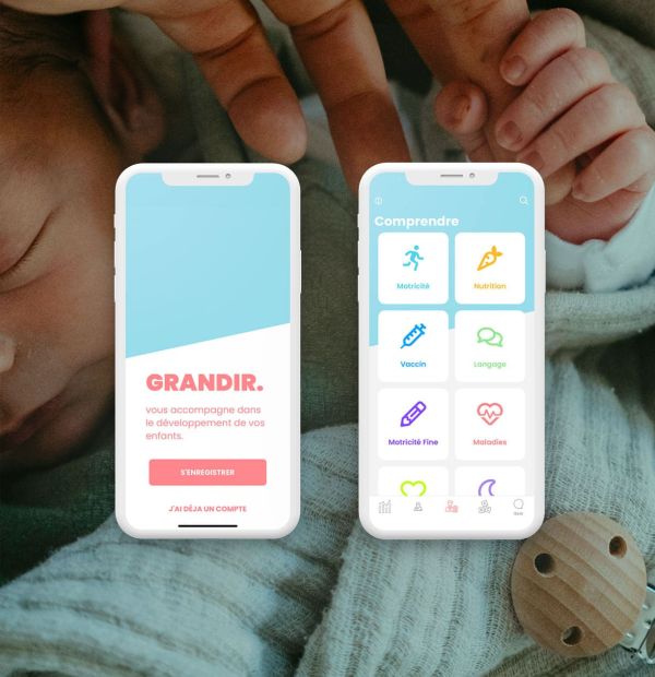 Écrans de l'application mobile Grandir de suivi du développement de l'enfant